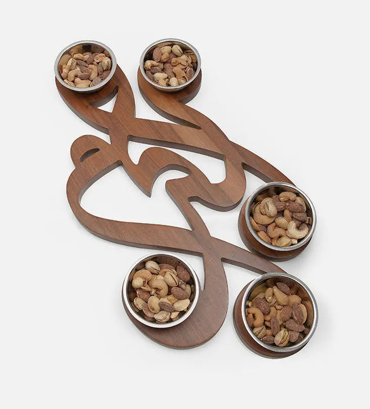 Set of six silver bowls with wooden base in Arabic calligraphy