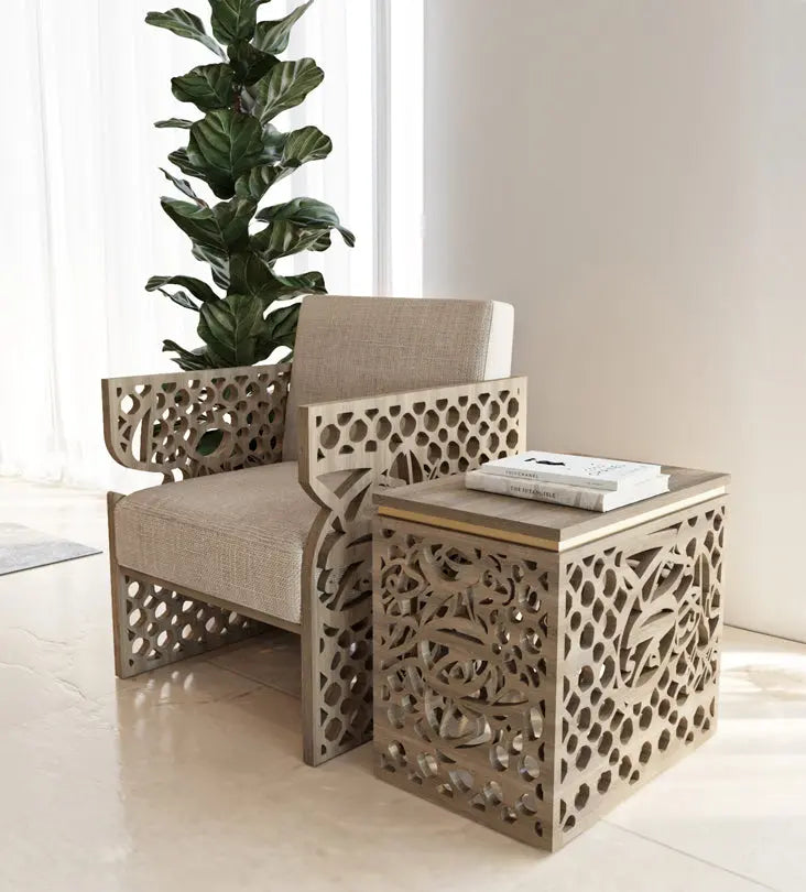 Arabesque side table featuring Arabic calligraphy letterforms and islamic pattern ideal for majlis living rooms
