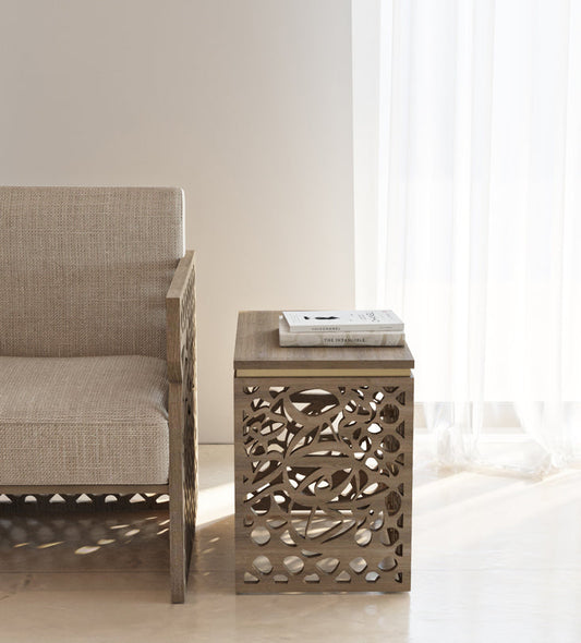 Arabesque side table featuring Arabic calligraphy letterforms and islamic pattern ideal for majlis living rooms