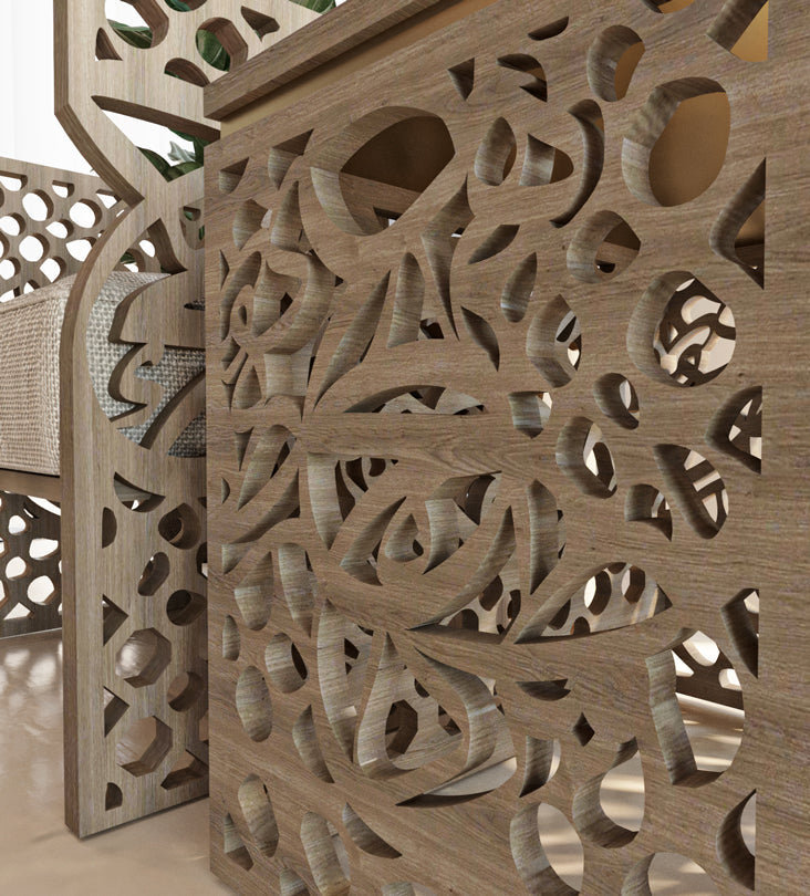 Arabesque side table featuring Arabic calligraphy letterforms and islamic pattern ideal for majlis living rooms