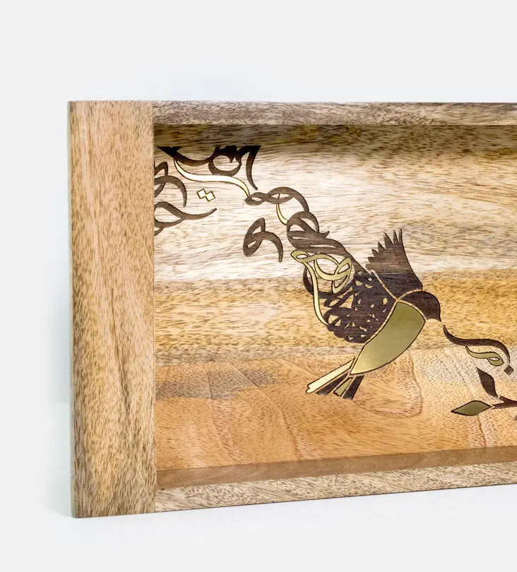 Beautiful tray featuring artwork of birds merged with Arabic calligraphy made with brass inlay and solid wood