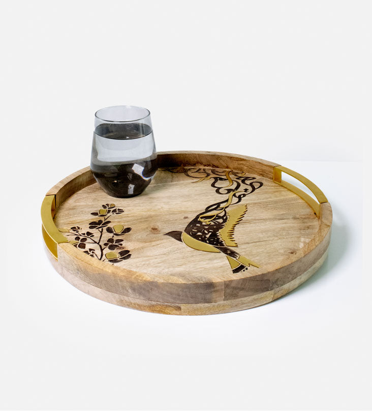 Beautiful tray featuring artwork of birds merged with Arabic calligraphy made with brass inlay and solid wood