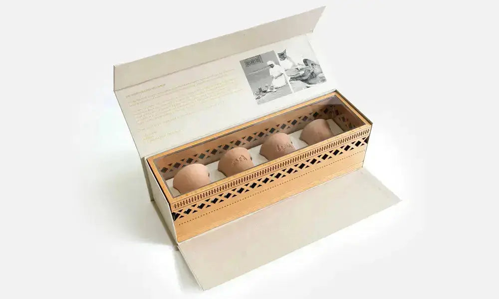 DIFC Wooden Box with Clay Coffee Cups Kashida Design