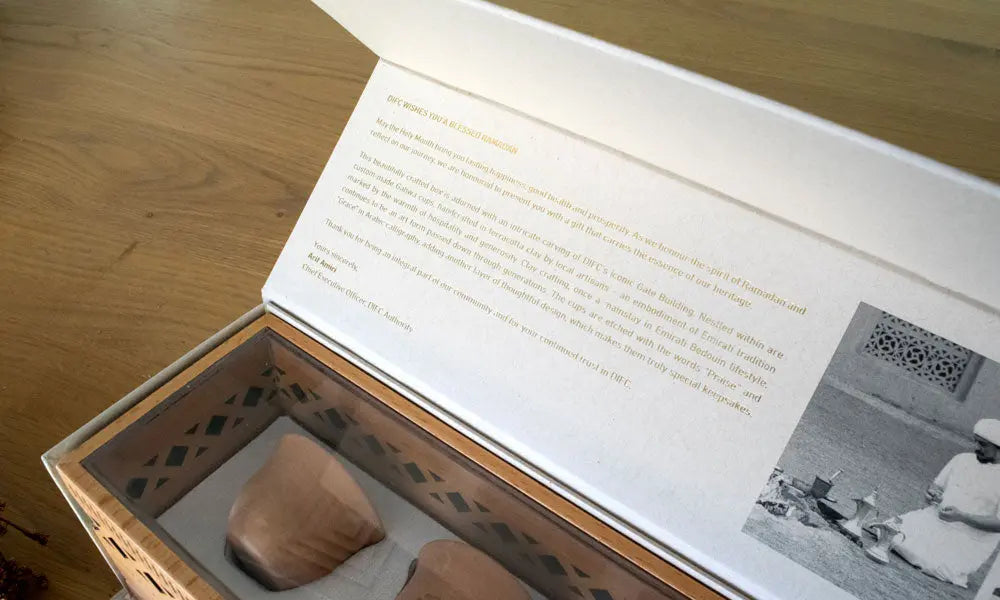DIFC Wooden Box with Clay Coffee Cups Kashida Design