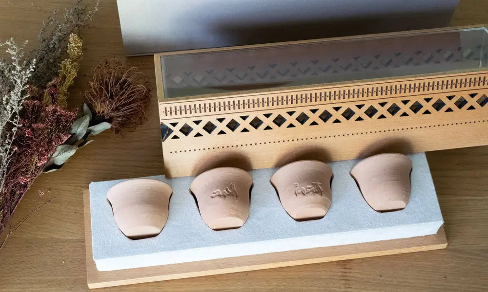 DIFC Wooden Box with Clay Coffee Cups Kashida Design