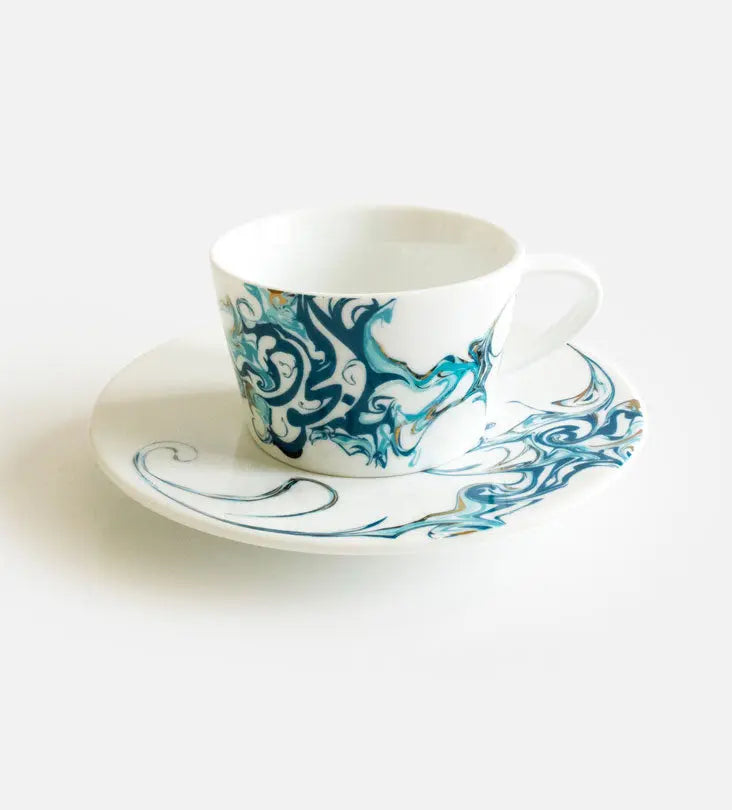 Contemporary porcelain espresso cups with Arabic calligraphy fluid art