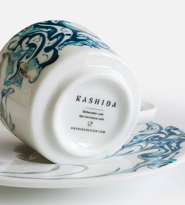 Contemporary porcelain espresso cups with Arabic calligraphy fluid art