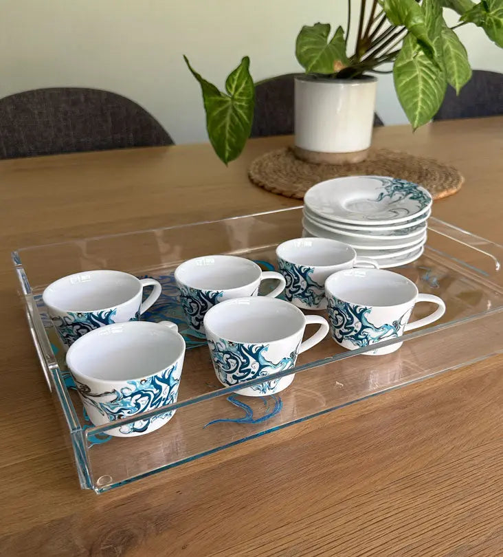 Contemporary porcelain espresso cups with Arabic calligraphy fluid art