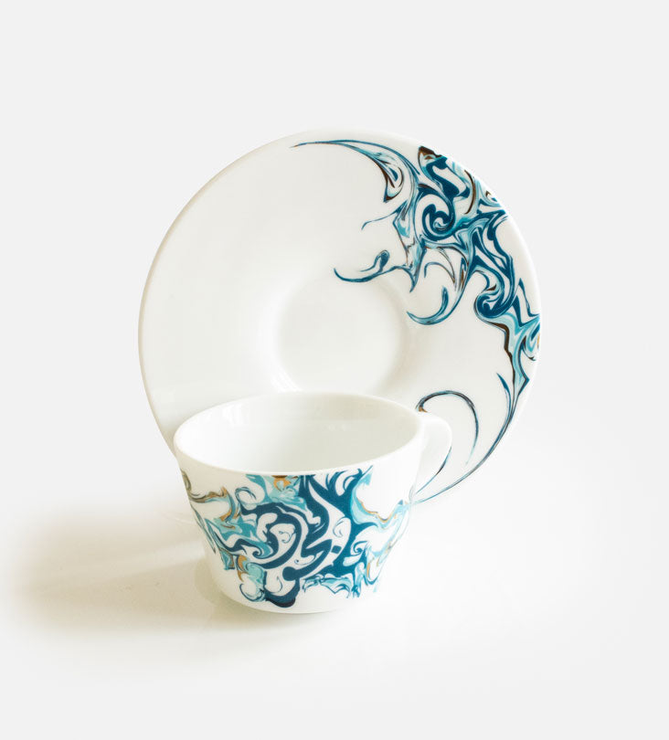 Contemporary porcelain espresso cups with Arabic calligraphy fluid art