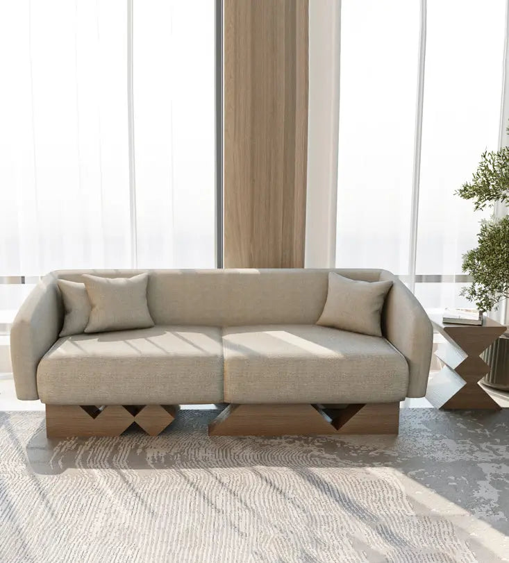 Modern majlis sofa with walnut wood and simple neutral tone upholstery from Kashida's Nuqat collection.