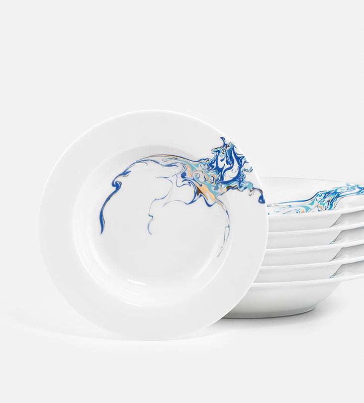 Contemporary porcelain soup plate with Arabic calligraphy fluid art