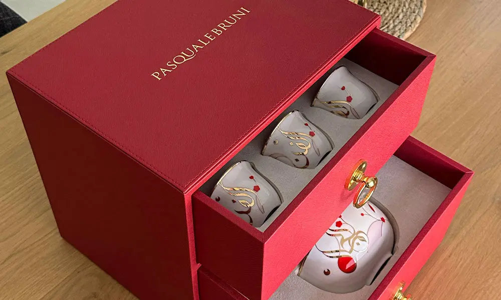 Arabic Coffee Cup + Bowl Set in VIP Leather Box Kashida Design