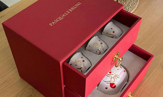 Arabic Coffee Cup + Bowl Set in VIP Leather Box Kashida Design