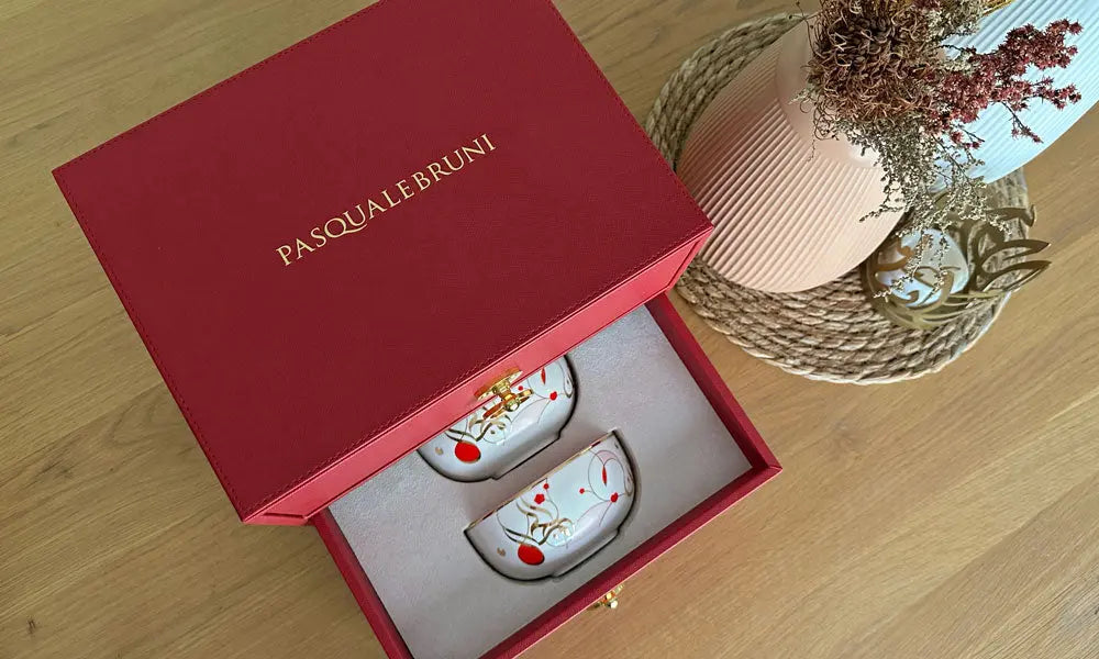 Arabic Coffee Cup + Bowl Set in VIP Leather Box Kashida Design