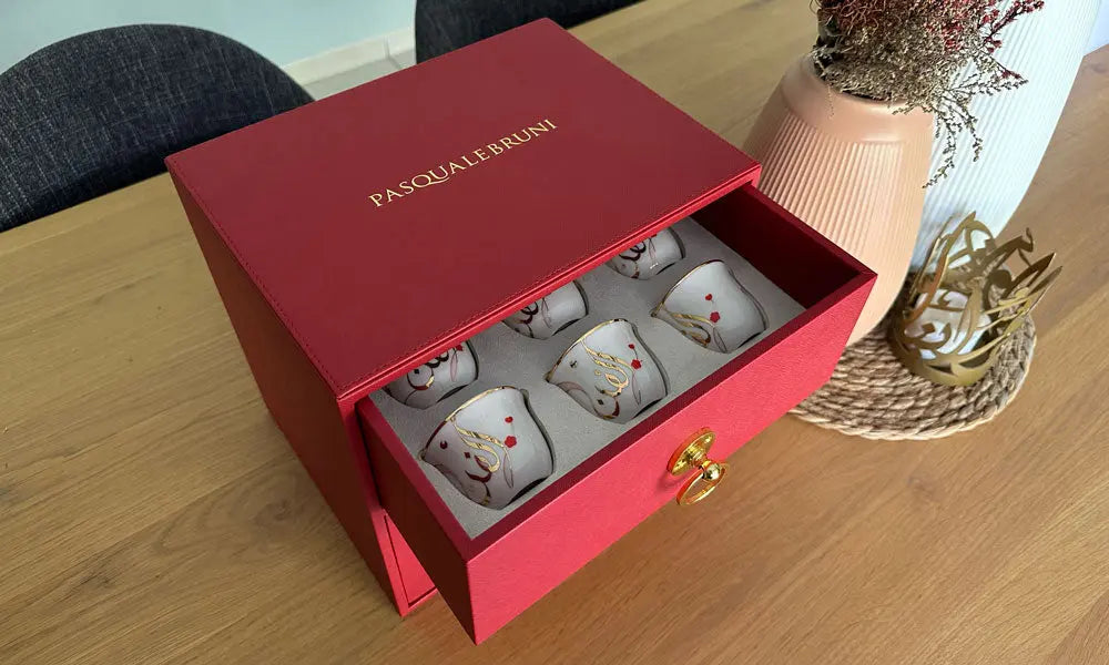 Arabic Coffee Cup + Bowl Set in VIP Leather Box Kashida Design