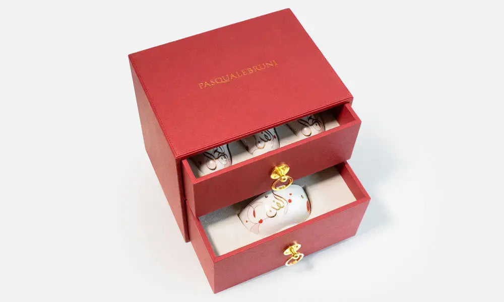 Arabic Coffee Cup + Bowl Set in VIP Leather Box Kashida Design