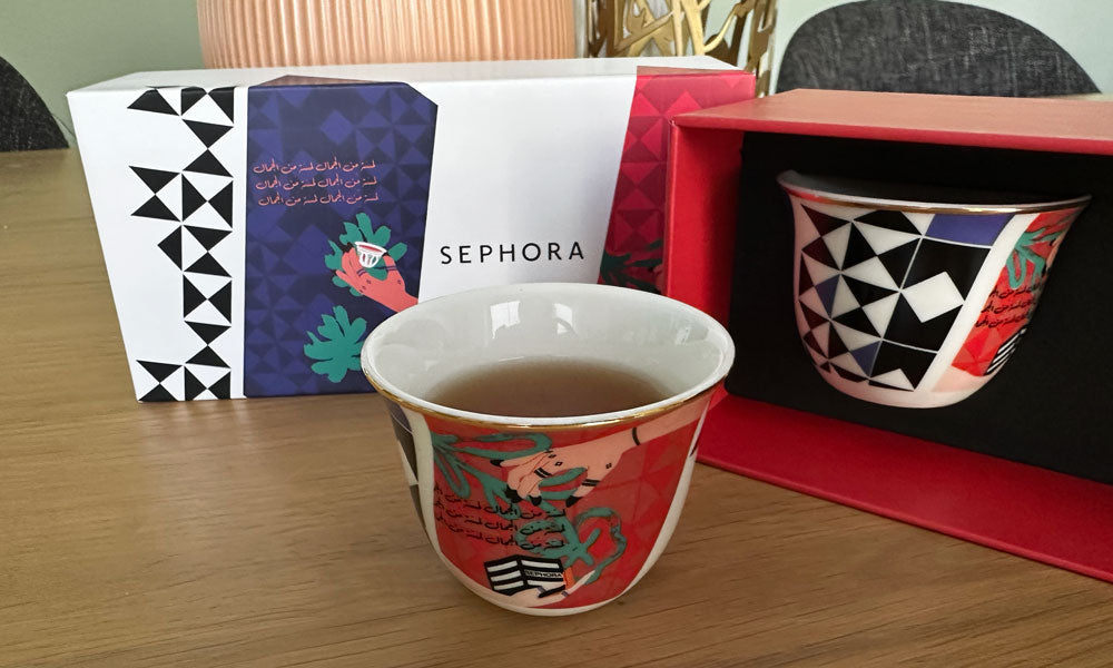 Custom made Arabic coffee cup design by Kashida for Sephora
