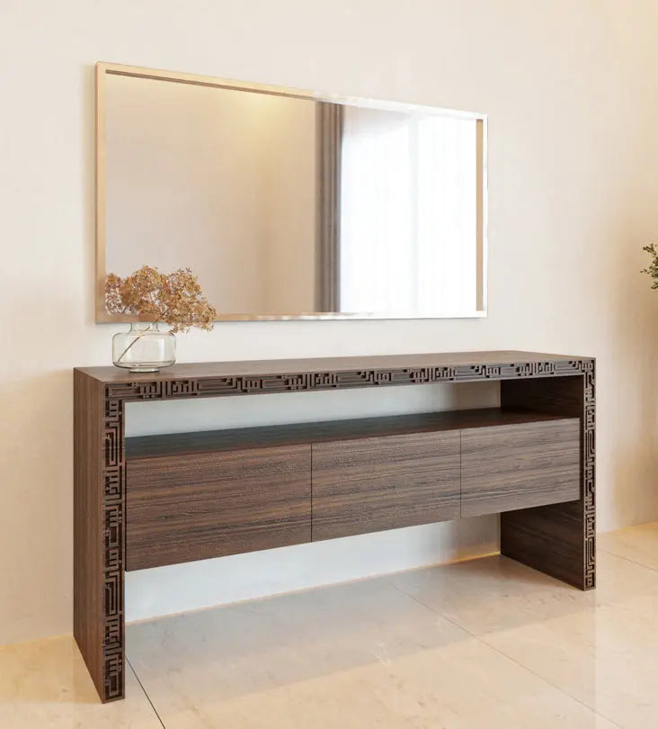 Wood and steel buffet sideboard for luxurious dining rooms with Arabic calligraphy engraving and cabinet storage