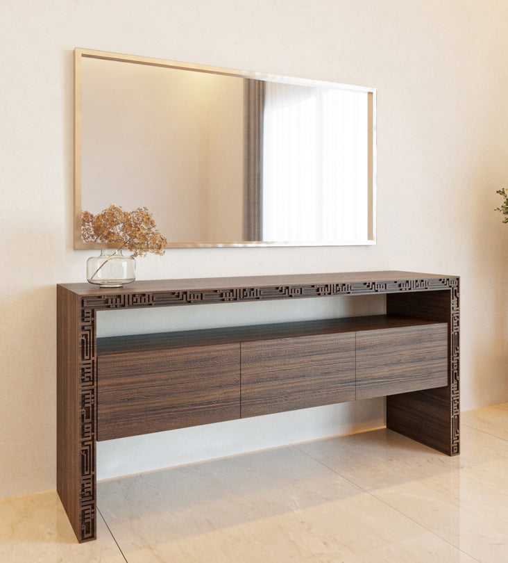 Wood and steel buffet sideboard for luxurious dining rooms with Arabic calligraphy engraving and cabinet storage