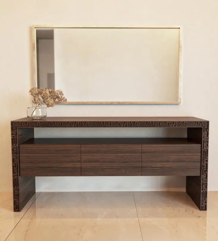 Wood and steel buffet sideboard for luxurious dining rooms with Arabic calligraphy engraving and cabinet storage