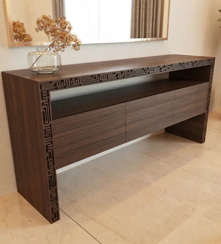 Wood and steel buffet sideboard for luxurious dining rooms with Arabic calligraphy engraving and cabinet storage