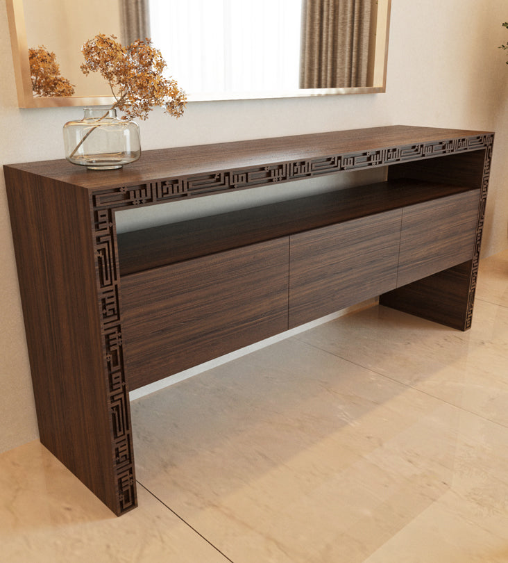 Wood and steel buffet sideboard for luxurious dining rooms with Arabic calligraphy engraving and cabinet storage