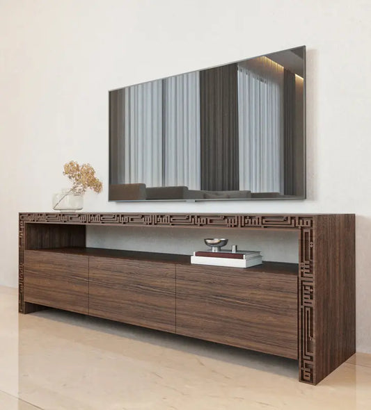 Wood and steel television console with Arabic calligraphy engraving and cabinet storage