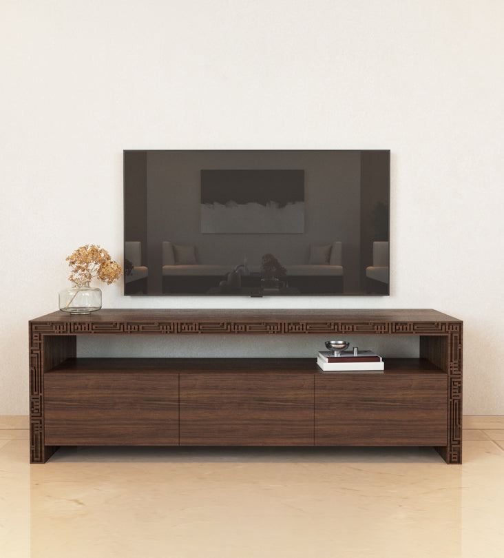 Wood and steel television console with Arabic calligraphy engraving and cabinet storage