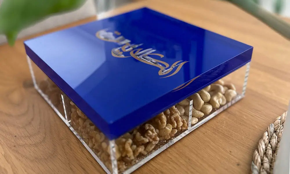 Beautiful royal blue Kuwait themed acrylic keepsake box designed by Kashida featuring Kuwait's famous landmarks