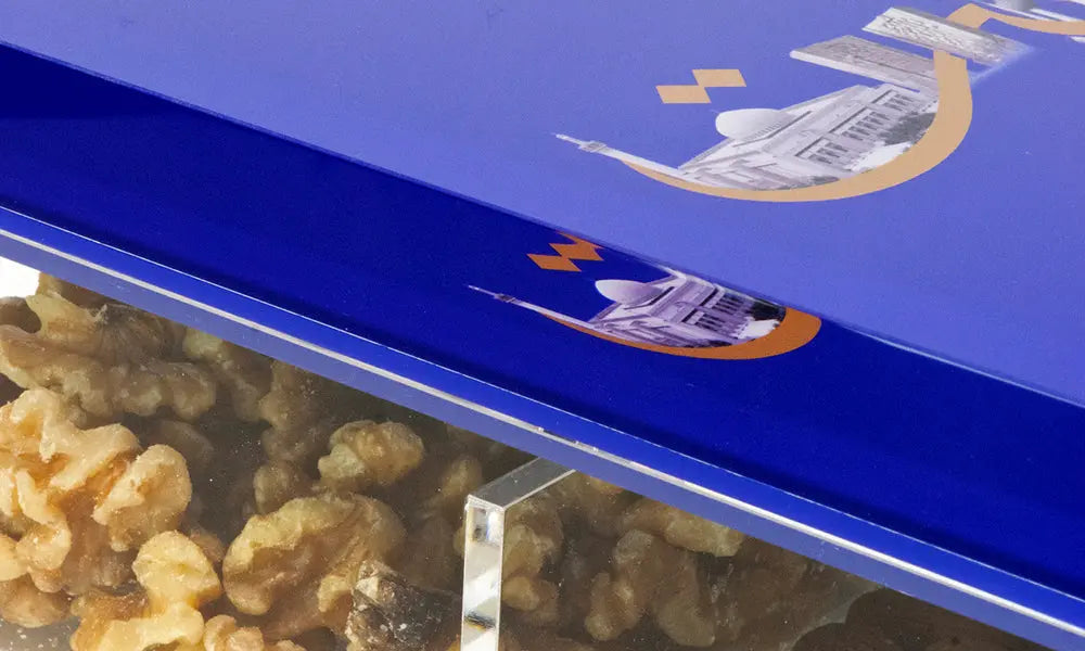 Beautiful royal blue Kuwait themed acrylic keepsake box designed by Kashida featuring Kuwait's famous landmarks