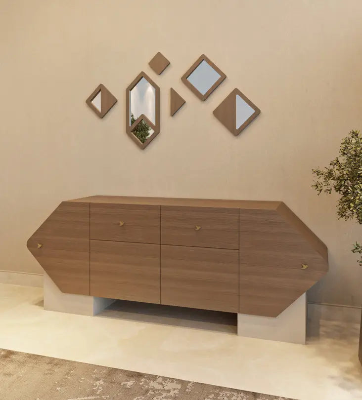 Uniquely shaped dining room sideboard from Kashida's latest furniture collection, Nuqat.
