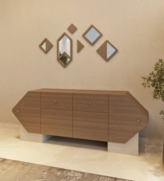 Uniquely shaped dining room sideboard from Kashida's latest furniture collection, Nuqat.