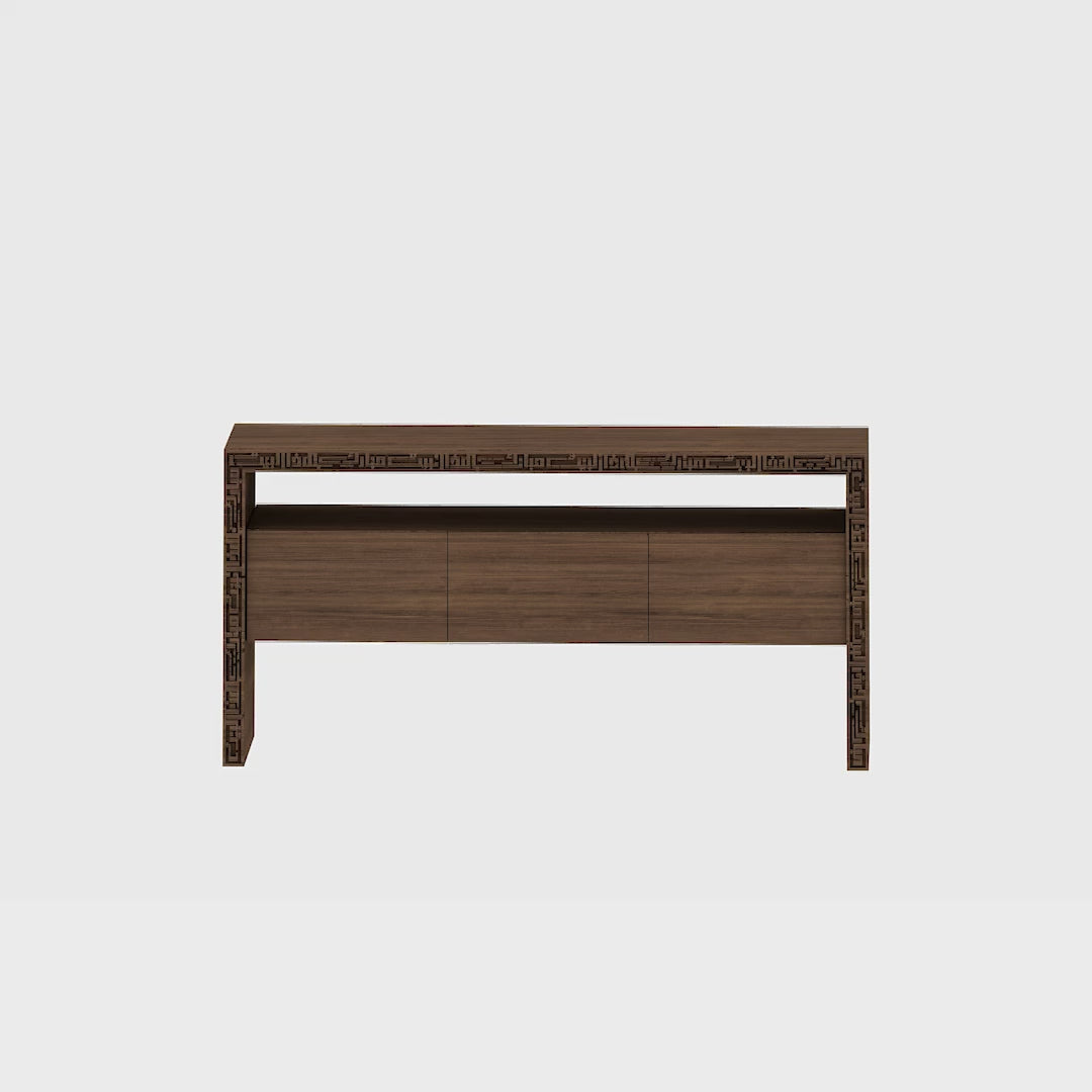 Wood and steel buffet sideboard for luxurious dining rooms with Arabic calligraphy engraving and cabinet storage