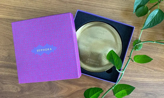 Customized brass trinket tray distributed to 1800 employees as their yearly corporate giveaway, designed by Kashida for Sephora
