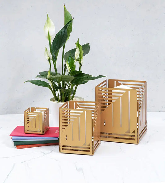 Allah etched large candle holder gold in Arabic calligraphy