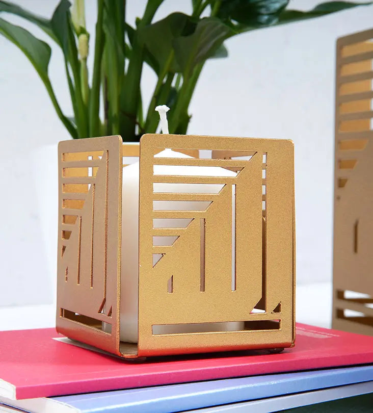 Allah etched small candle holder gold in Arabic calligraphy