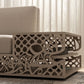Huge L shape sofa with Arabic calligraphy and arabesque pattern in beautiful wood and beige fabric