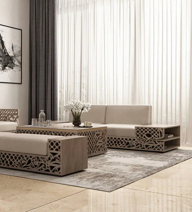 Luxury sofa with shelves in Arabic calligraphy and arabesque pattern in American walnut wood
