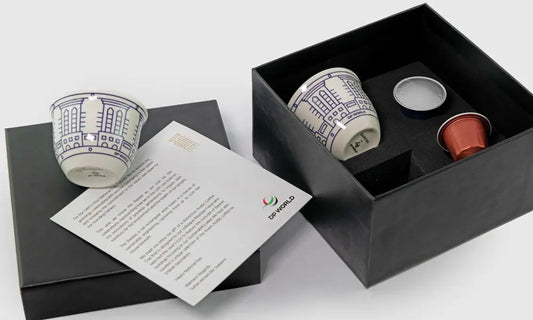 Gift box of Arabic qahwa coffee cups with capsules with bespoke design by Kashida inspired by UAE culture