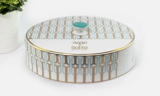 Custom porcelain bowl with lid designed by Kashida for a private event giveaway with personalised name initials