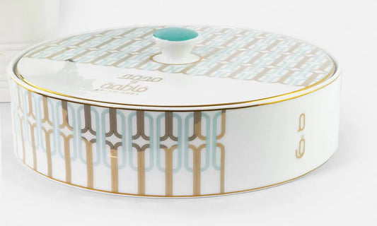 Custom porcelain bowl with lid designed by Kashida for a private event giveaway with personalised name initials