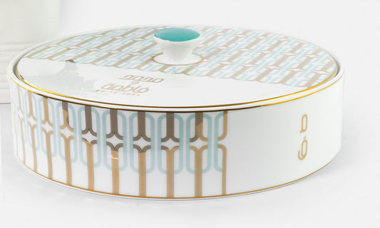 Custom porcelain bowl with lid designed by Kashida for a private event giveaway with personalised name initials