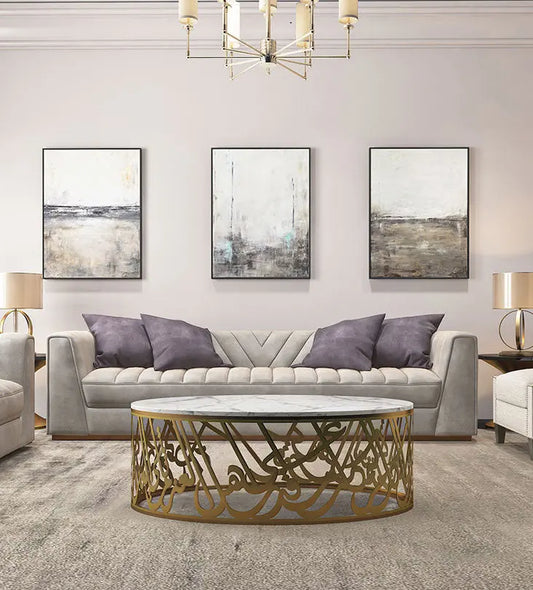 Modern marble and steel coffee table with Arabic calligraphy poetry