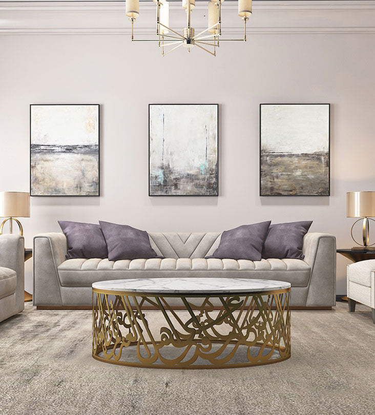 Modern marble and steel coffee table with Arabic calligraphy poetry