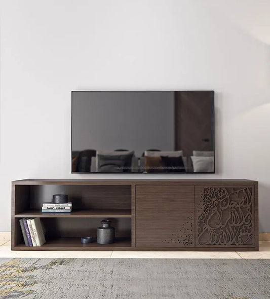 Bespoke television console with modern Arabic calligraphy Bespoke television console with modern Arabic calligraphy