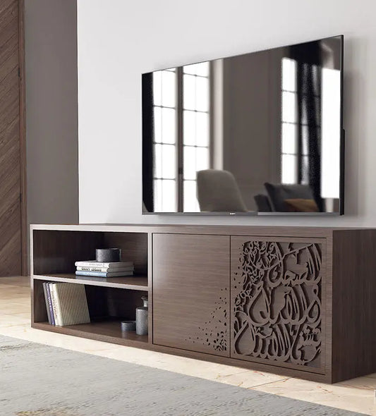 Bespoke television console with modern Arabic calligraphy