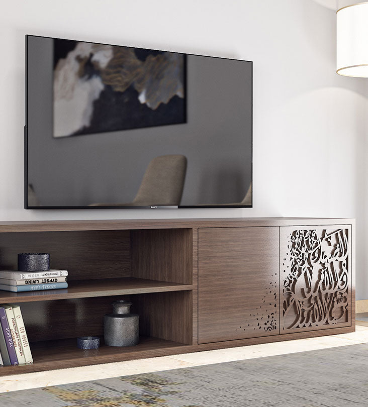 Bespoke television console with modern Arabic calligraphy