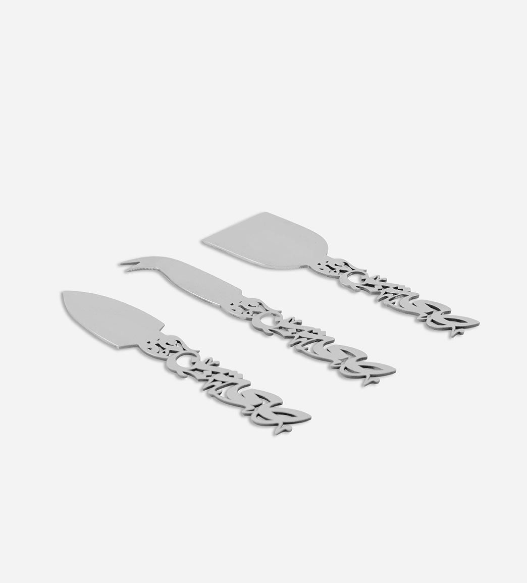 Silver stainless steel cheese cutlery in Arabic calligraphy