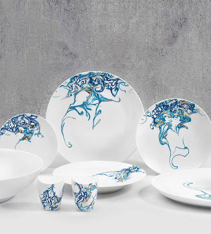 Contemporary porcelain soup plate with Arabic calligraphy fluid art