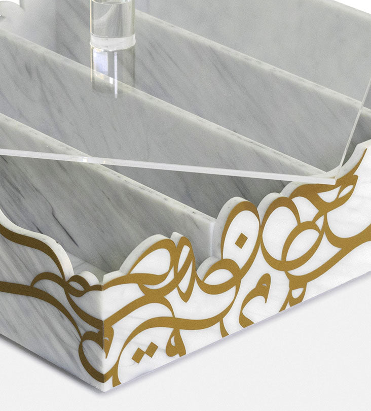Marble acrylic cutlery holder with Arabic graffiti print for dining table
